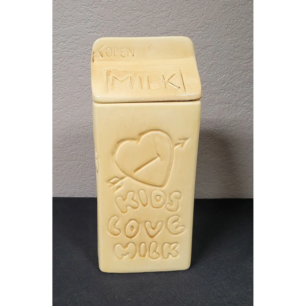 Vintage 1980s Ceramic Milk Carton Cookie Jar Kids Love Milk Retro Kitchen Decor